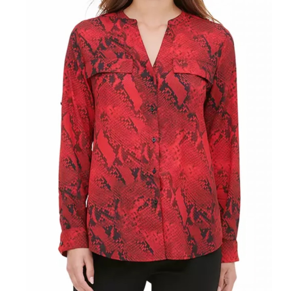 Calvin Klein Red Snake Skin Print Button Down Top